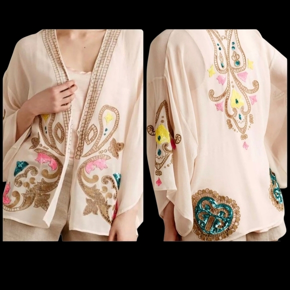 Tracy Reese Tops - Tracy Reese Silk Embellished Open-front Sleeve Kimono Blouse Women Size X-Small